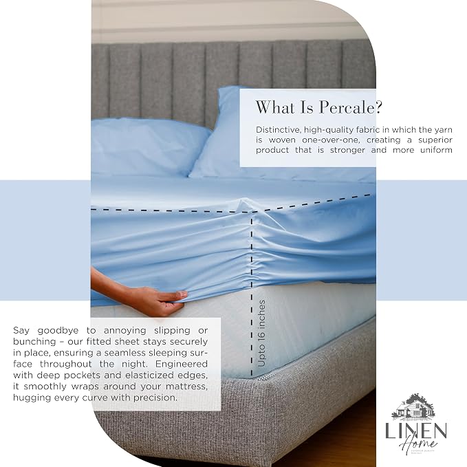 Linen Home 100% Cotton Percale Sheets Twin XL Size, Baby Blue, Deep Pocket - Image 4