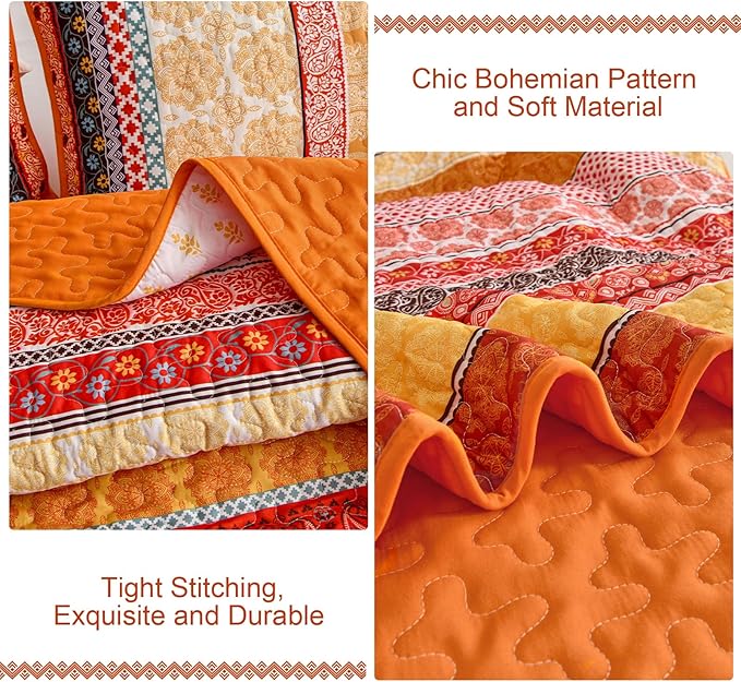 WONGS BEDDING Boho Stripe Quilt Set Queen Size, 3 Pieces Orange Bohemian Quilt - Image 5