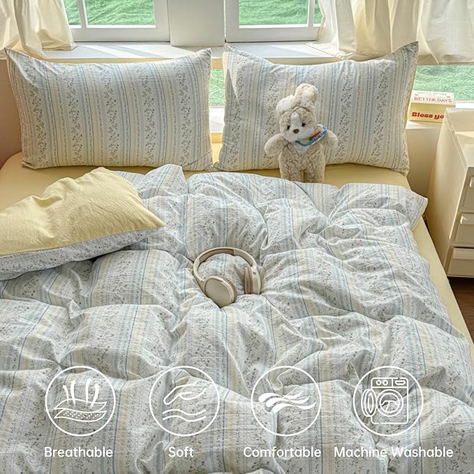 BOLINLIVING Vintage Floral Duvet Cover Twin Size, Kids Girls Blue Striped - Image 3