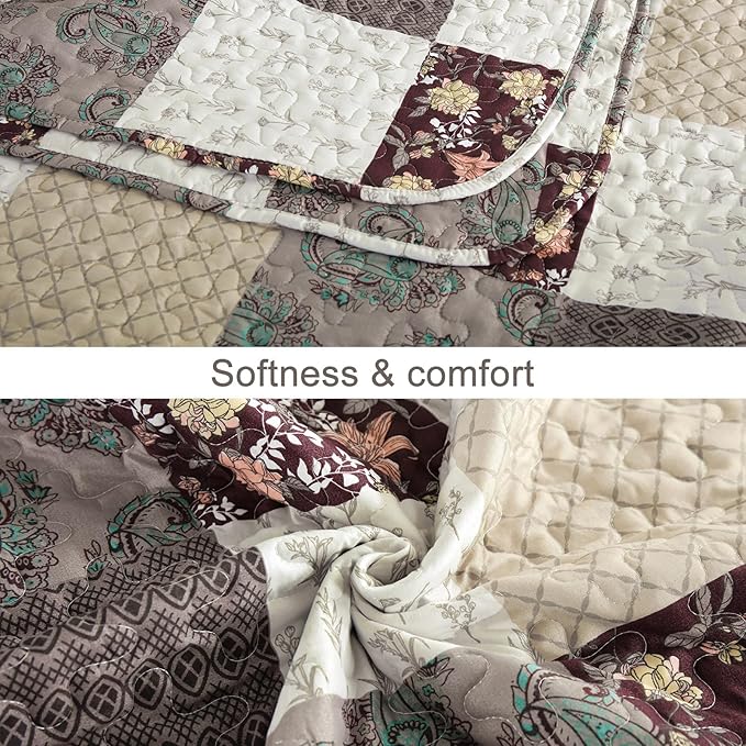 Xruibed Floral Plaid Patchwork Fall Quilt Set Queen Size 3 Pieces Taupe Beige - Image 6