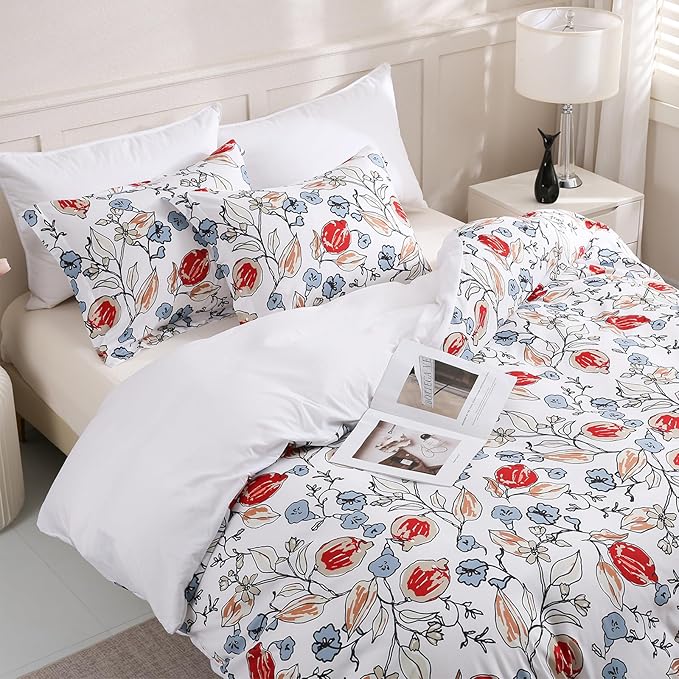 LONAVA Queen Flower 3 Pcs Duvet Cover Set, Breathable Soft Microfiber White by LONAVA