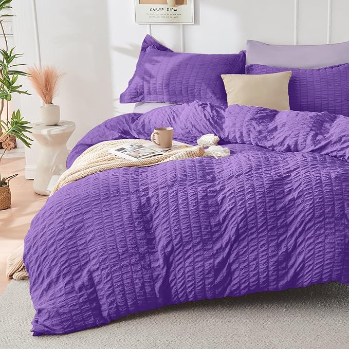 HYMOKEGE Dark Purple/Lavender California King Comforter Set Seersucker 7 Pieces - Image 2