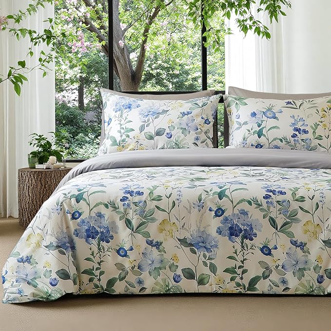 mixinni Reversible Floral Duvet Cover Set King Size, 3 Piece Blue Green by mixinni