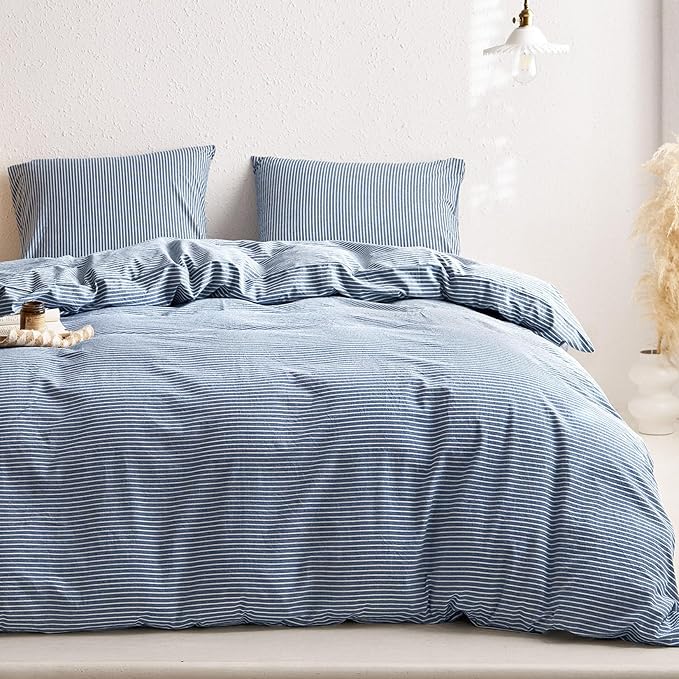 Wake In Cloud - Striped Cotton Duvet Cover Set, 100% Washed Cotton Textured - Image 3