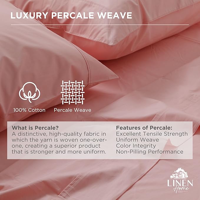 Linen Home 100% Long-Staple Cotton Percale Weave Fitted Sheet, Queen Size - Image 2