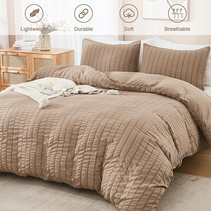 AveLom Taupe Duvet Cover Full, 3 Pieces, Seersucker Tripe Soft Washed - Image 2