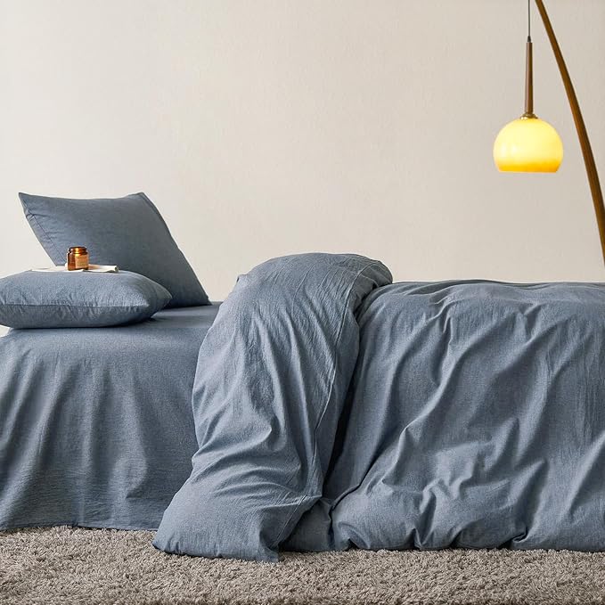 Wake In Cloud - Cotton Duvet Cover Set, Queen Size, Chambray Denim Blue - Image 4