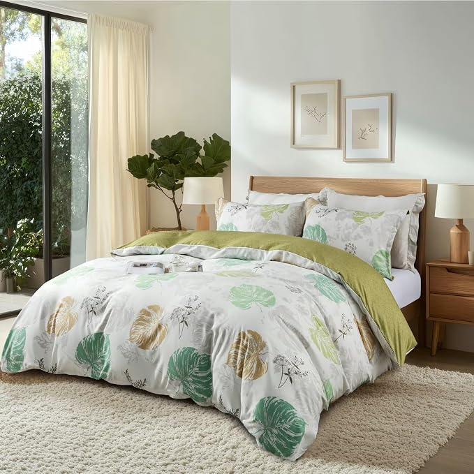 OAITE Duvet Cover King Size, Reversible Fallen Leaves Green Duvet Cover Set - Image 2