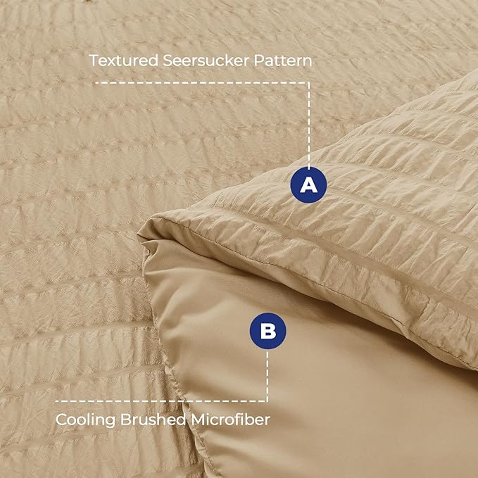 HYMOKEGE Khaki Duvet Cover Full Size, Ultra Soft 3-Piece Seersucker Duvet Cover - Image 3