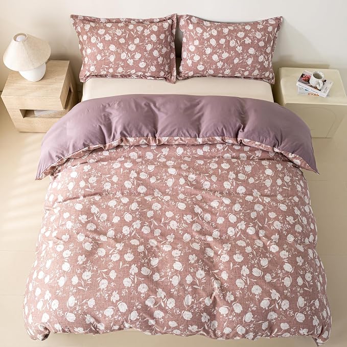 OAITE Purple Flower Queen Size Duvet Cover-3 Pieces Prewashed Cotton-Like - Image 6