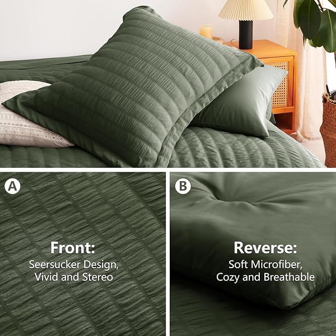 CozyLux King Size Comforter Set Dark Green Seersucker 7 Pieces Bed in a Bag - Image 4