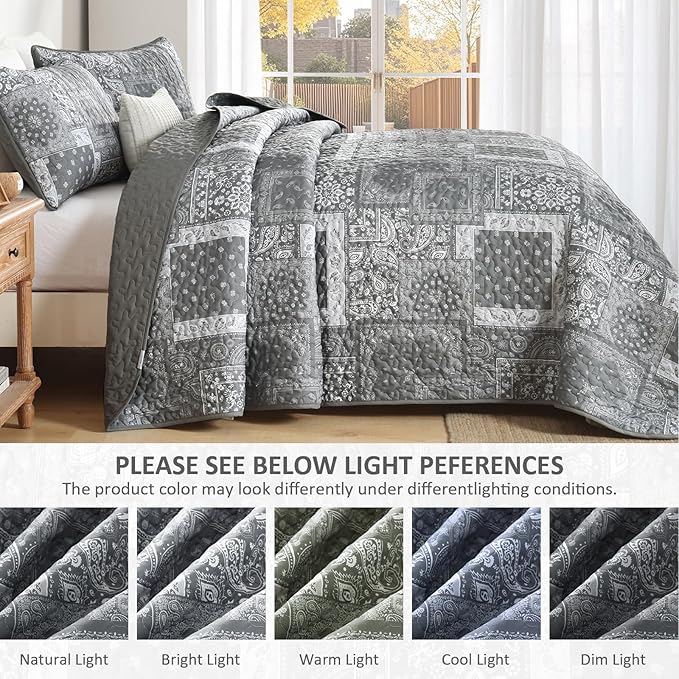 Cottolester Grey Quilt Set Queen Size, 3 Pieces Boho Patchwork Paisley Quilt Set - Image 5