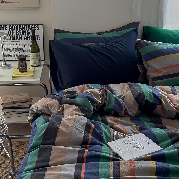 mixinni Blue Striped Duvet Cover Twin Size 100% Washed Cotton 3 Pcs Vintage - Image 5