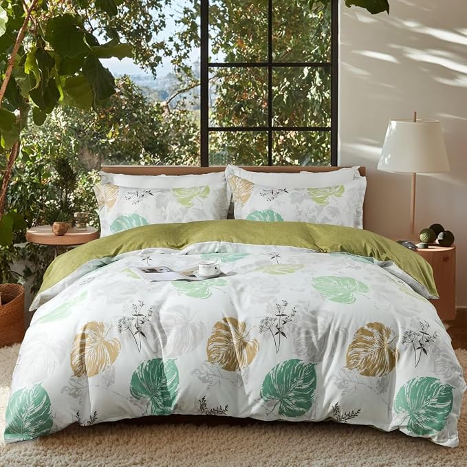 OAITE Duvet Cover King Size, Reversible Fallen Leaves Green Duvet Cover Set by OAITE