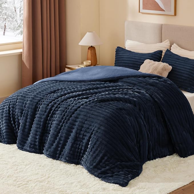 BEDELITE Fleece King Comforter Set -Super Soft & Warm Fluffy Navy Blue Bedding - Image 2