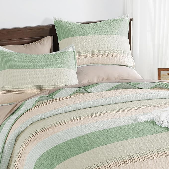 Andency Queen Quilt Bedding Set Mint Pink, 3 Pieces Patchwork Summer Striped - Image 3