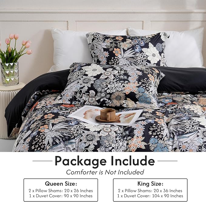 LONAVA King Flower 3 Pcs Duvet Cover Set, Breathable Soft Microfiber Black - Image 6