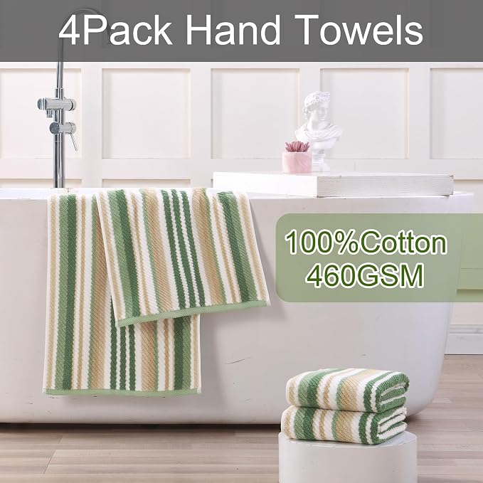 Green Hand Towels Set of 4, Striped Hand Towels - Image 3
