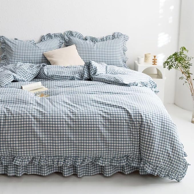 MKXI Blue and White Gingham Duvet Cover King Size, 3-Piece Bedding Set - Image 2