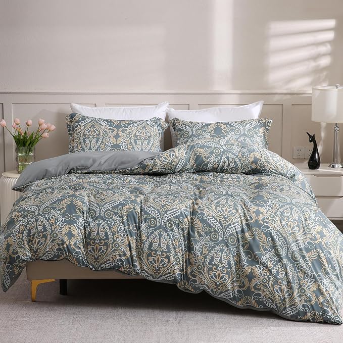 LONAVA Queen Paisley 3 Pcs Duvet Cover Set, Breathable Soft Microfiber Grey by LONAVA