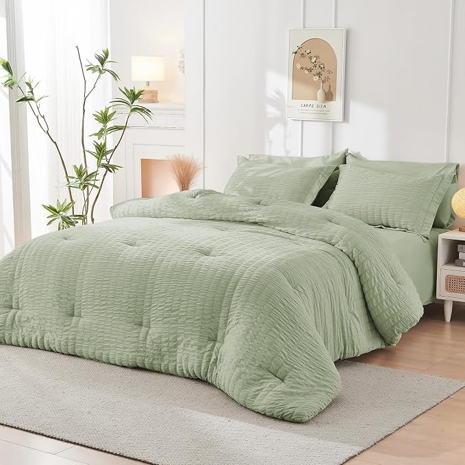 HYMOKEGE Light Green King Size Comforter Set Seersucker 7 Pieces, All Season - Image 8