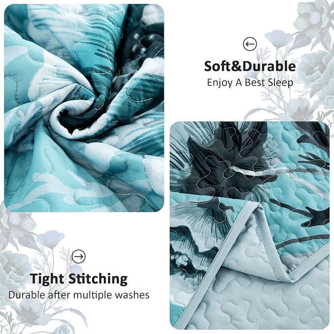 Blue Floral Quilt Set Queen 3 Pieces Boho Flower Quilt Coverlet Set Soft - Image 5