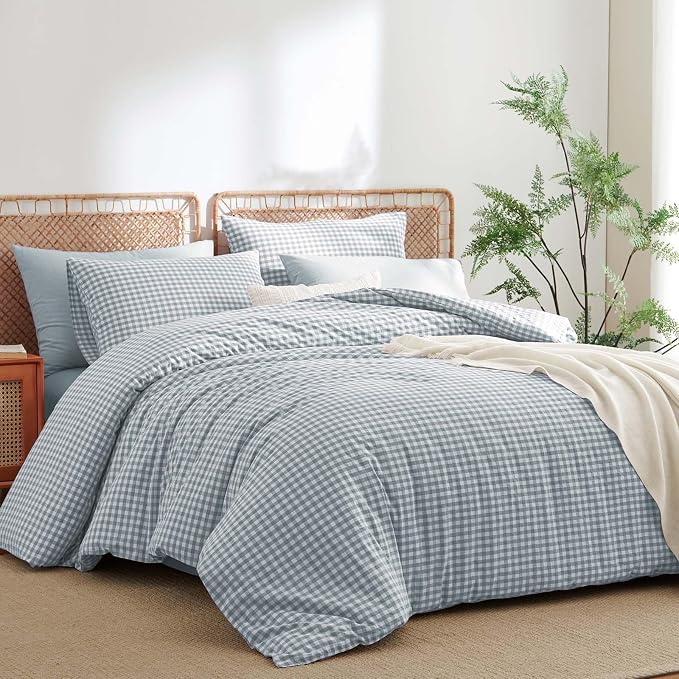 Nayoroom Gingham Duvet Cover King Size 100% Washed Cotton Blue Plaid Checkered - Image 3