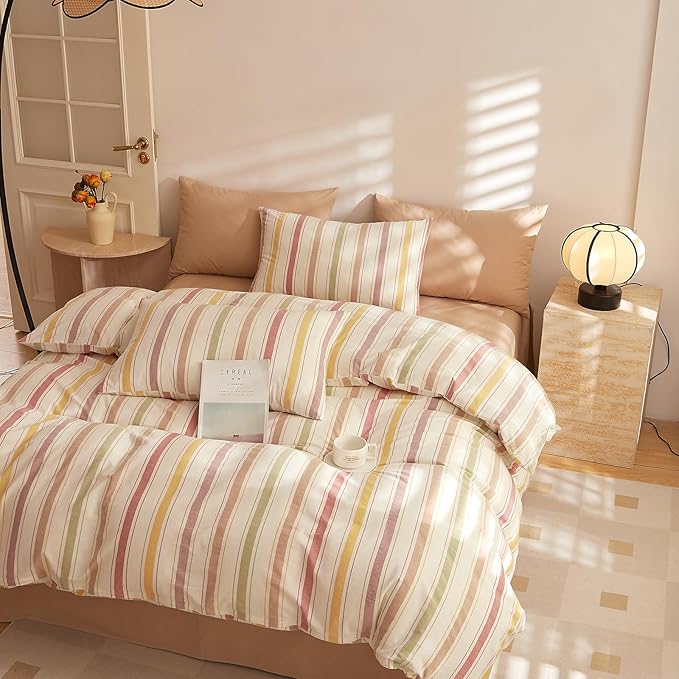 mixinni Vintage Striped Duvet Cover Set Twin, 3-Piece Washed Cotton Bedding Set - Image 4