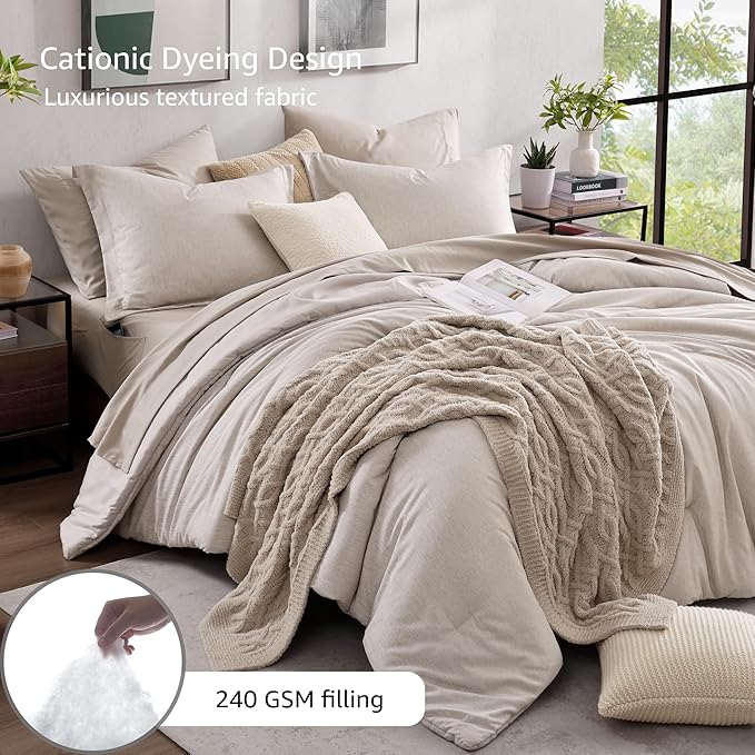 Monbix Full Size Comforter Set, Oatmeal Bedding Comforter - Image 3