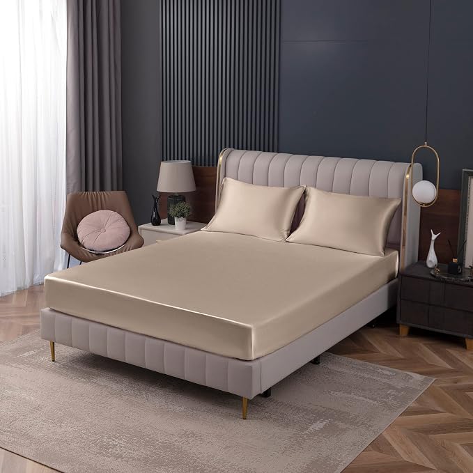 Homiest Taupe Satin Fitted Sheet Queen Size, Deep Pocket, Luxury & Ultra Soft - Image 8