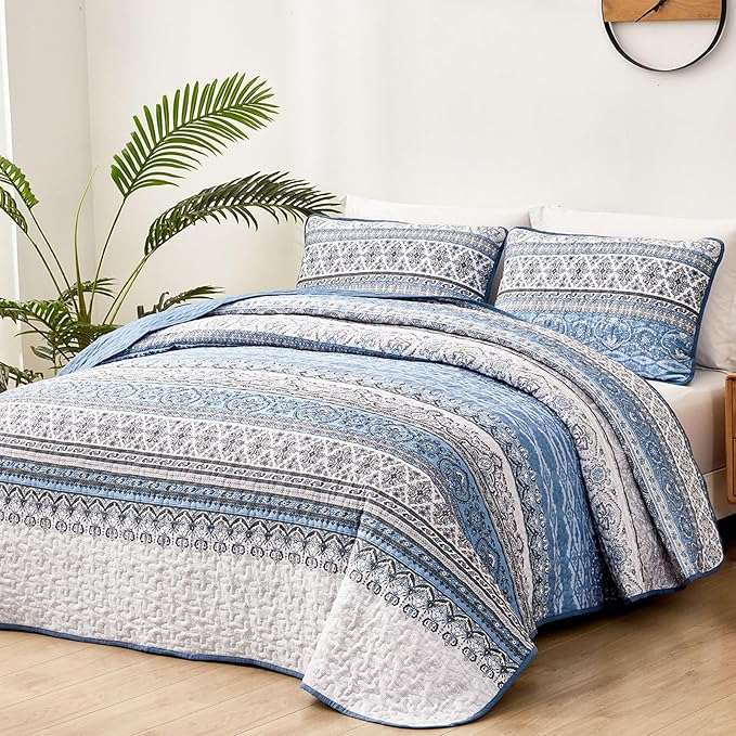 WONGS BEDDING Boho Queen Quilt Set, Light Blue Bohemian Queen Quilt Bedding Set - Image 2