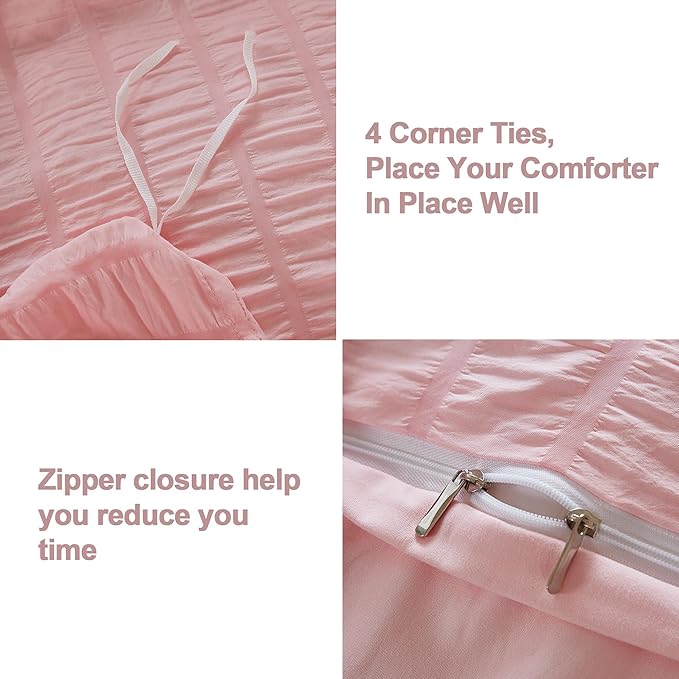 AveLom Blush Pink Seersucker Duvet Cover Set Queen Size, 3 Pieces, Ultra Soft - Image 4