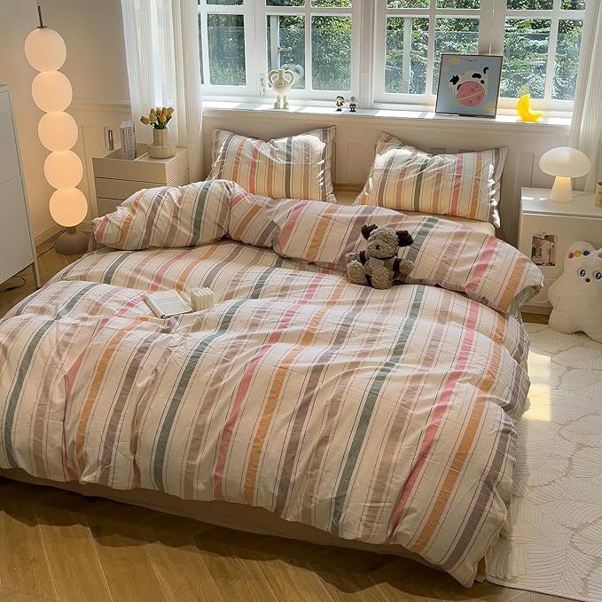 mixinni Vintage Striped Duvet Cover Set King, 3-Piece 100% Washed Cotton - Image 7