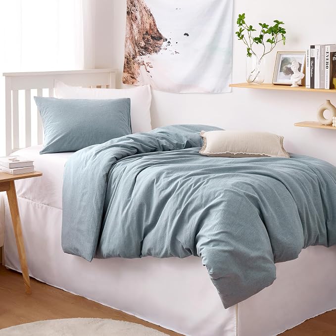 Wake In Cloud - Cotton Duvet Cover Set, Twin Size, Light Denim Blue, 100% - Image 4