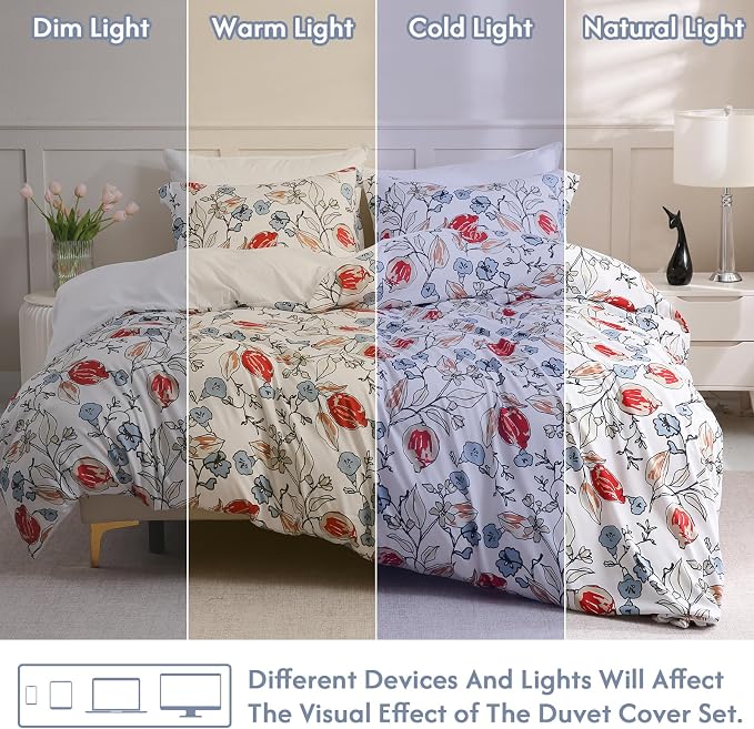 LONAVA Queen Flower 3 Pcs Duvet Cover Set, Breathable Soft Microfiber White - Image 5