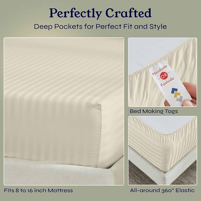 California Design Den Cotton Sateen Damask Stripe Queen Size Fitted Sheet Only - Image 6
