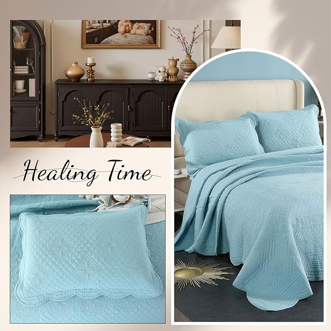 ROOMLIFE Quilt Set Full Size 3D Floral Embroidery Pattern 3-Piece Cotton - Image 5