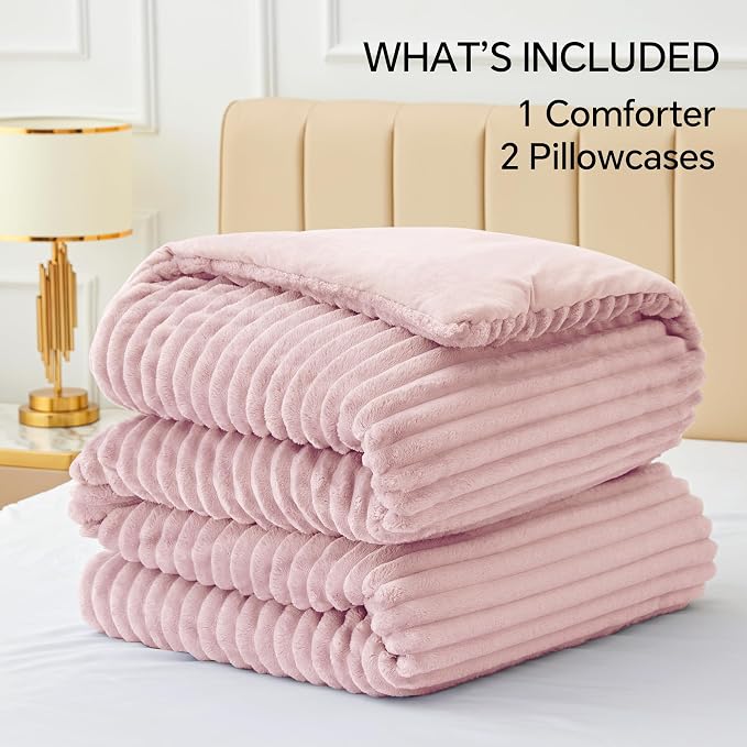 BEDELITE Fleece Queen Comforter Set -Super Soft & Warm Fluffy Pink Bedding - Image 7