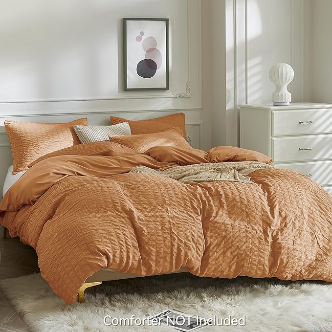 JELLYMONI Burnt Orange Duvet Cover King Size, Soft Breathable Seersucker Duvet - Image 3