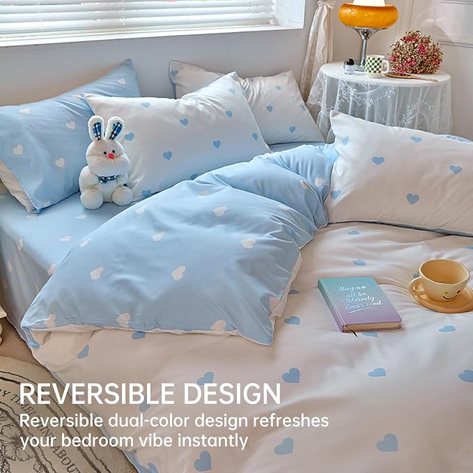 BOLINLIVING Cute Duvet Cover King Size, Reversible Light Blue & White Heart - Image 2