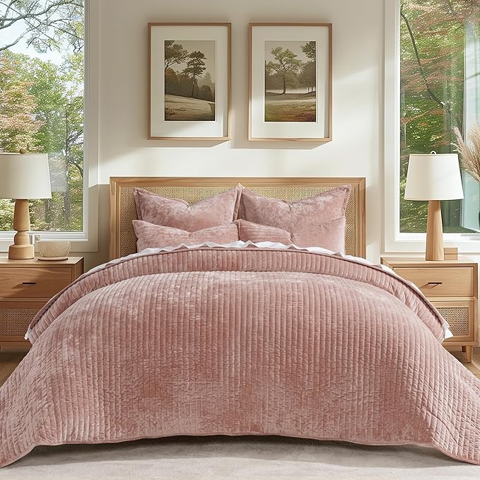 EverGrace Velvet Quilt Set Queen Size, Luxurious Soft Striped Channel Bedding by EverGrace