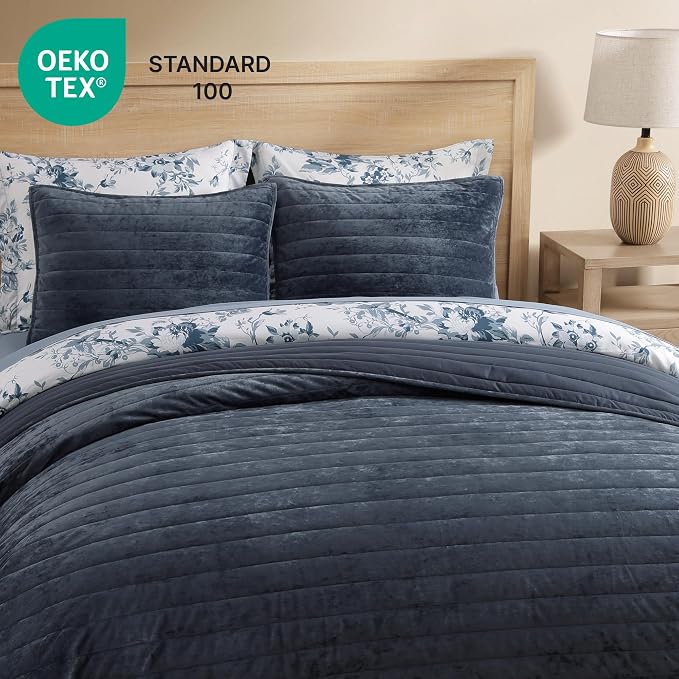WRENSONGE Velvet King Size Quilt Set-3 Pieces Blue Grey Luxurious Velvet - Image 4