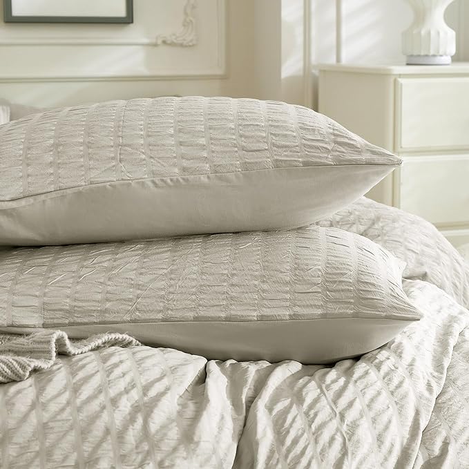 JELLYMONI Beige Duvet Cover Queen Size, Soft Breathable Seersucker Duvet Cover - Image 8