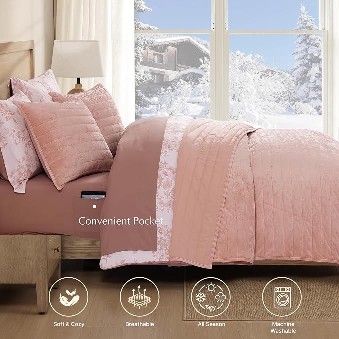 WRENSONGE Velvet Queen Quilt Set-3 Pieces Clay Pink Luxurious Velvet Striped - Image 3