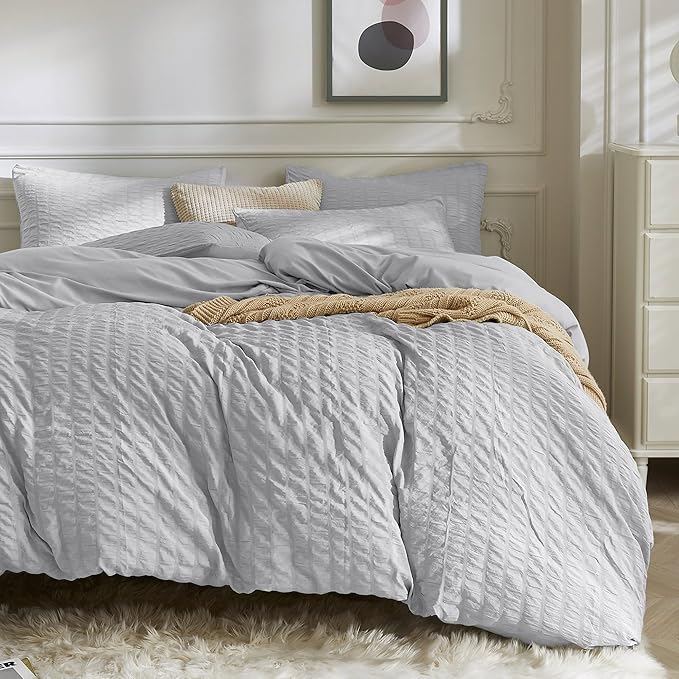JELLYMONI Light Grey Duvet Cover King Size, Soft Breathable Seersucker Duvet by JELLYMONI