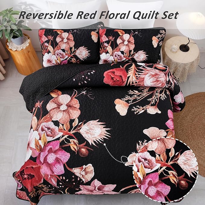 Floral Quilt Set Queen 3 Pieces Red Floral Quilt Coverlet Set Soft Microfiber - Image 4