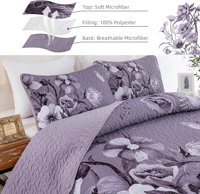 Floral Quilt Set Queen 3 Pieces Dark Purple Boho Flower Quilt Coverlet Set Soft - Image 7