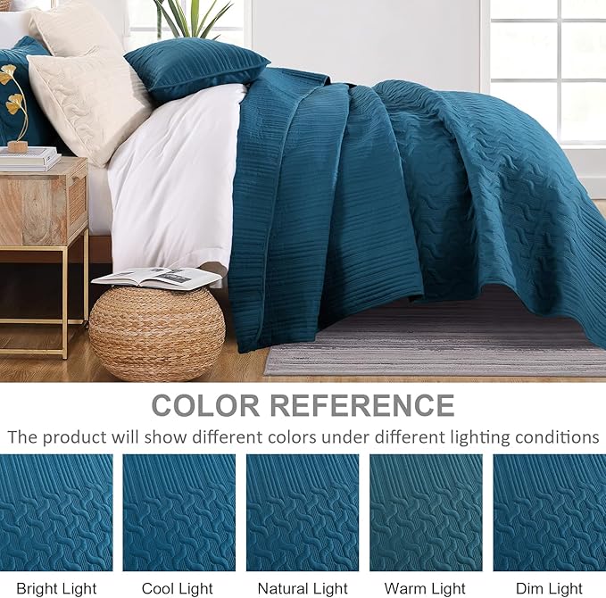 Yiran Teal Blue Quilt Set King Size Lightweight Bedspread Ultrasonic Wave - Image 4