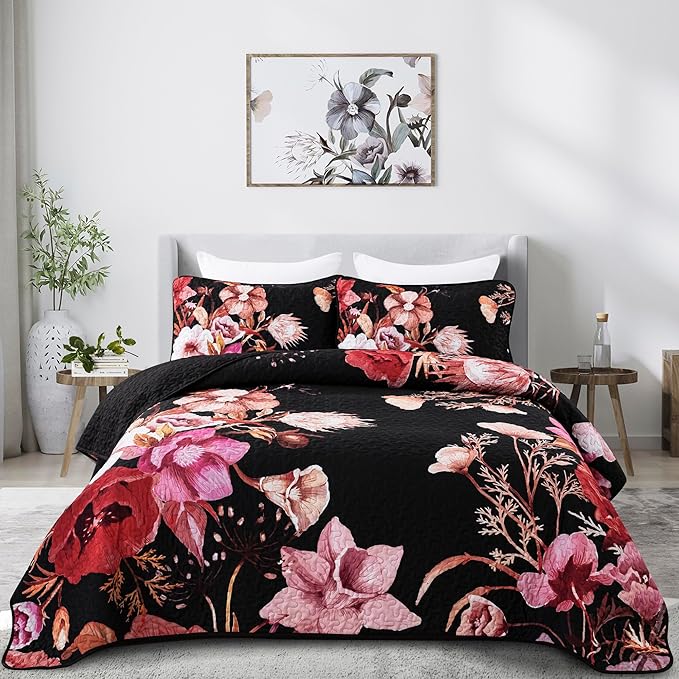 Floral Quilt Set Queen 3 Pieces Red Floral Quilt Coverlet Set Soft Microfiber by DRUCON