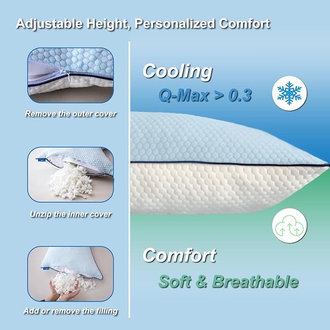 Cooling Pillow King Size Set of 2, Shredded Memory Foam Adjustable Loft - Image 6